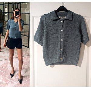 NEW Zara | Short Sleeve Knit Cardigan in Duck Blue